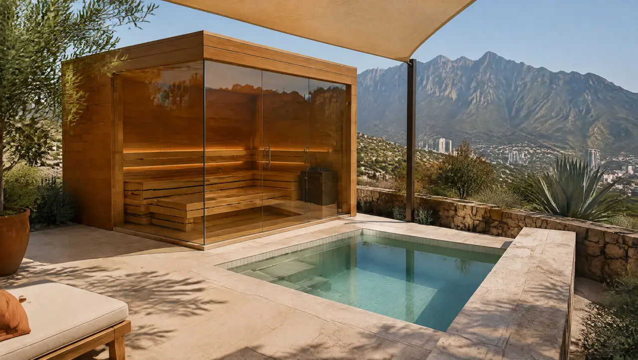 Terraza de piedra en una casa de ladera de San Pedro Garza García: sauna de vidrio, piscina fría cuadrada, vela de sombra y la Sierra Madre al fondo