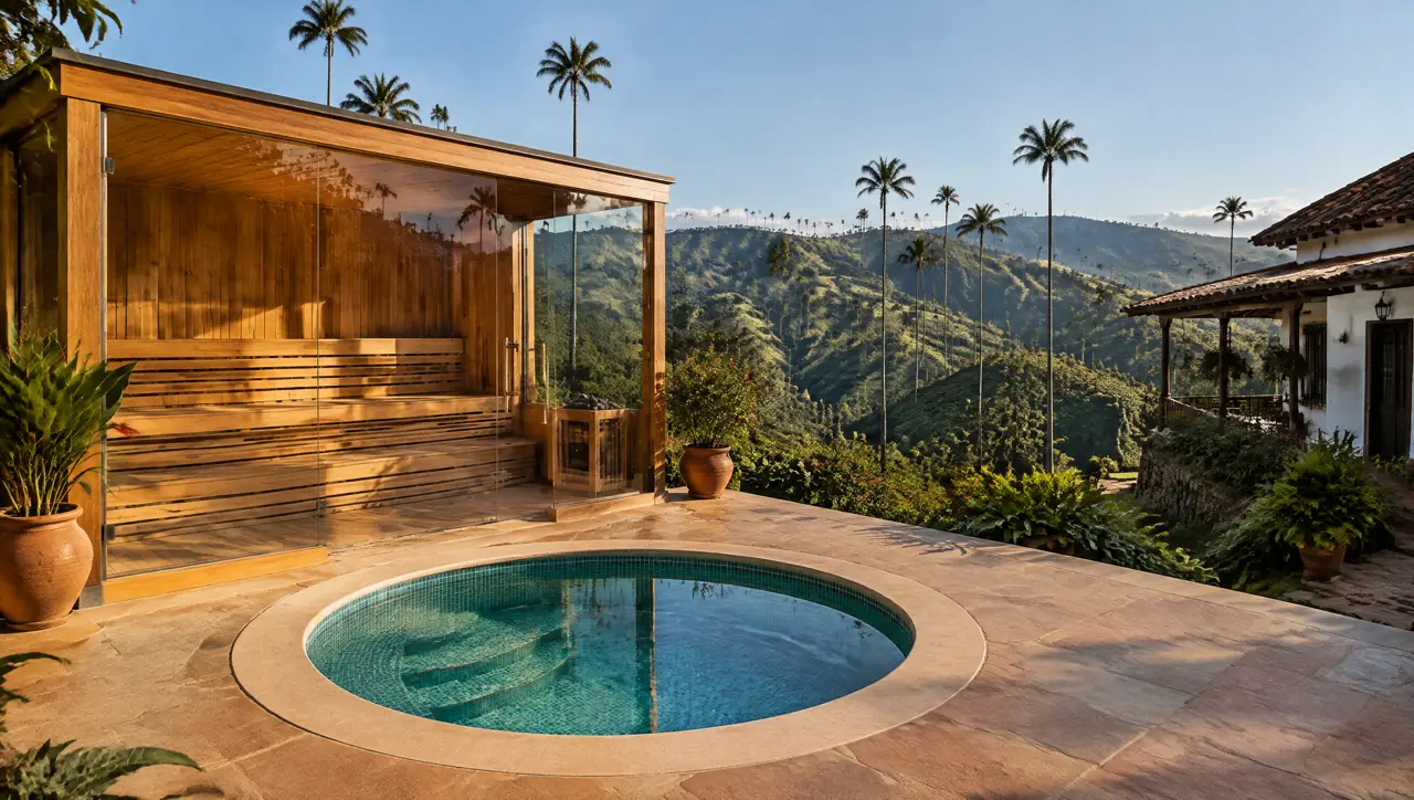 Terraza de una finca cafetera cerca de Salento con sauna de frente de vidrio, piscina fría redonda de mosaico turquesa, casa blanca de teja y palmas de cera