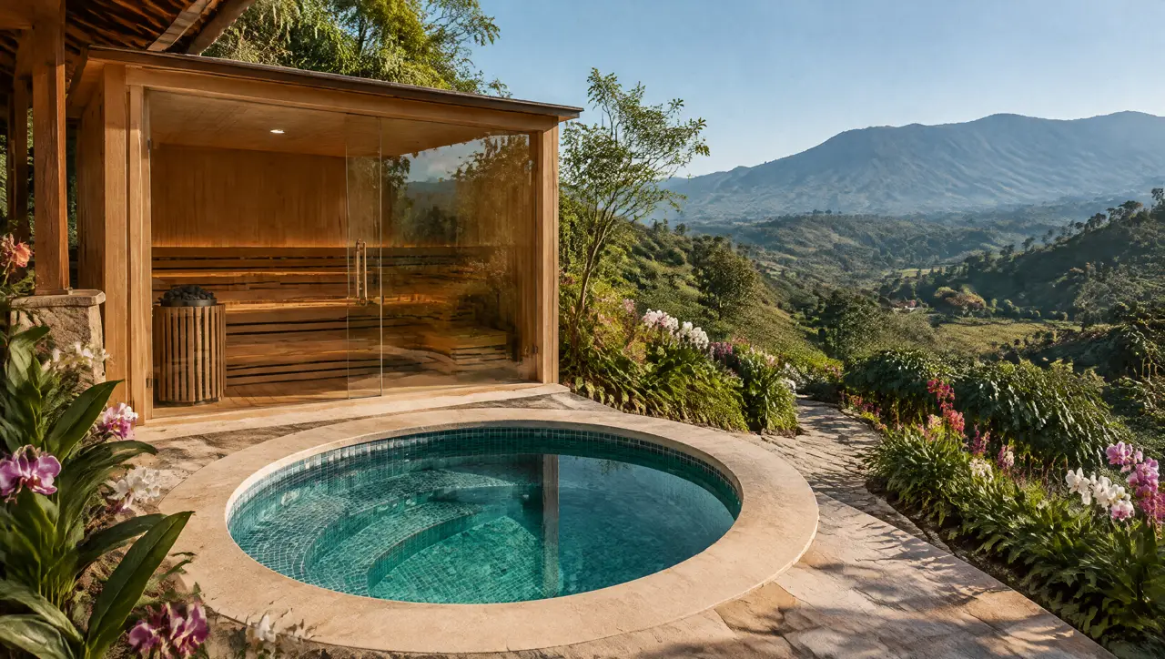 Terraza de un lodge en las tierras altas de Boquete, con sauna de vidrio, piscina fría redonda de mosaico, orquídeas y un valle verde con montañas al fondo