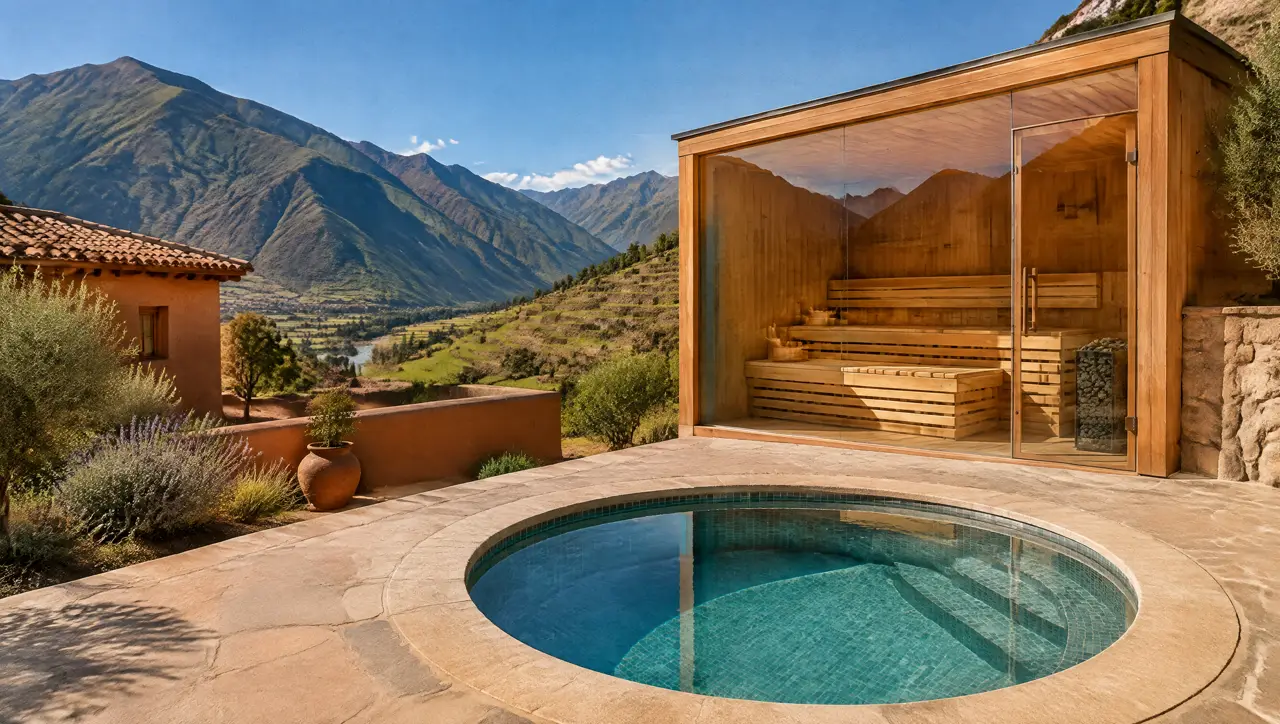 Lodge del Valle Sagrado cerca de Urubamba, con muros de adobe, andenes al fondo, un sauna de frente de vidrio y una piscina fría redonda sobre piedra