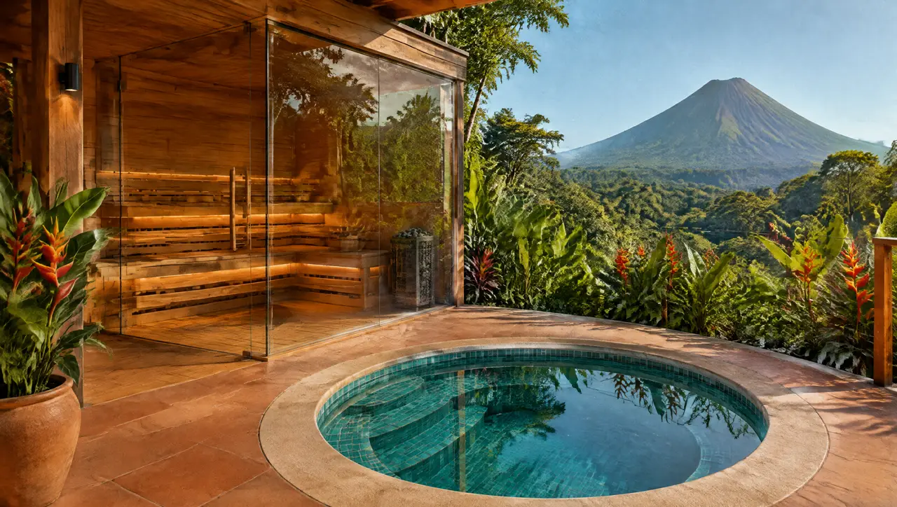 Terraza de un lodge en la selva cerca de La Fortuna, con sauna de vidrio, piscina fría redonda, heliconias y el volcán Arenal al fondo