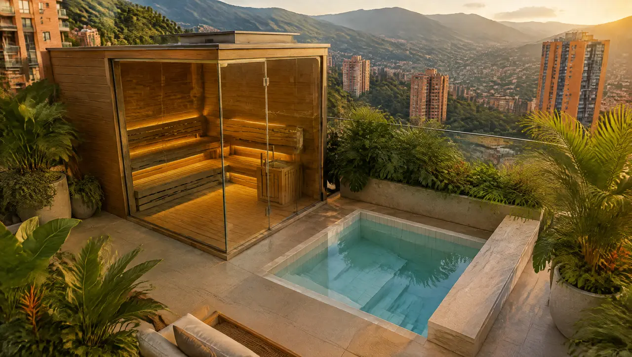 Terraza de una torre de El Poblado, Medellín, con sauna de vidrio de dos paredes, piscina fría cuadrada, plantas tropicales y las colinas del valle de Aburrá