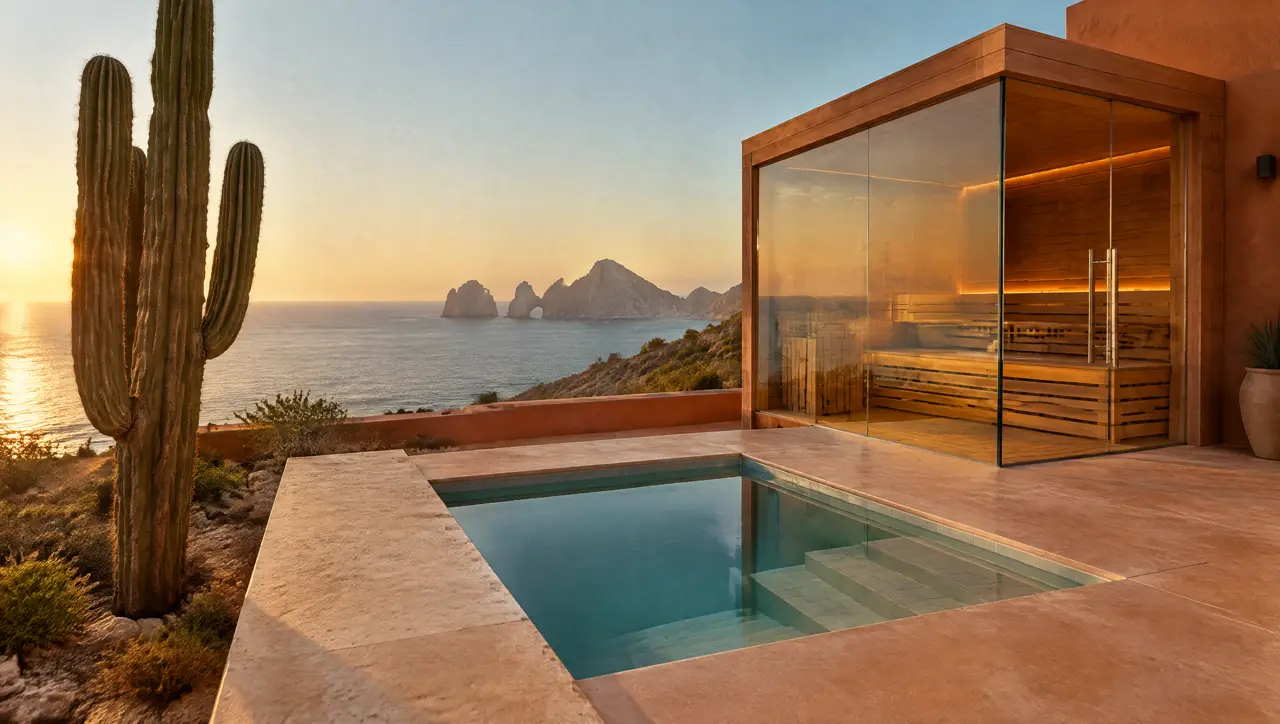 Terraza de una villa en Cabo San Lucas al atardecer: un cardón al frente, sauna de vidrio en esquina, piscina fría con escalones y formaciones rocosas en el mar