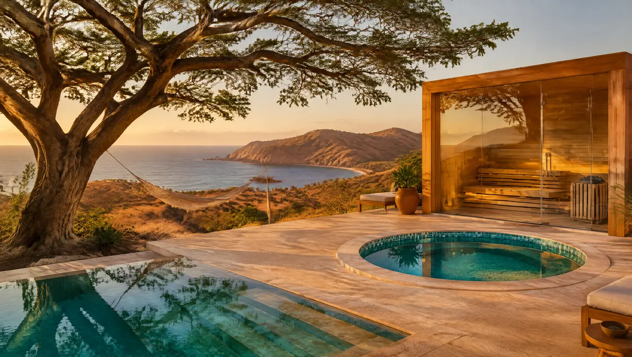 Villa en Papagayo con un árbol de guanacaste y una hamaca al frente, colinas doradas, sauna de vidrio, piscina fría redonda y el mar al fondo