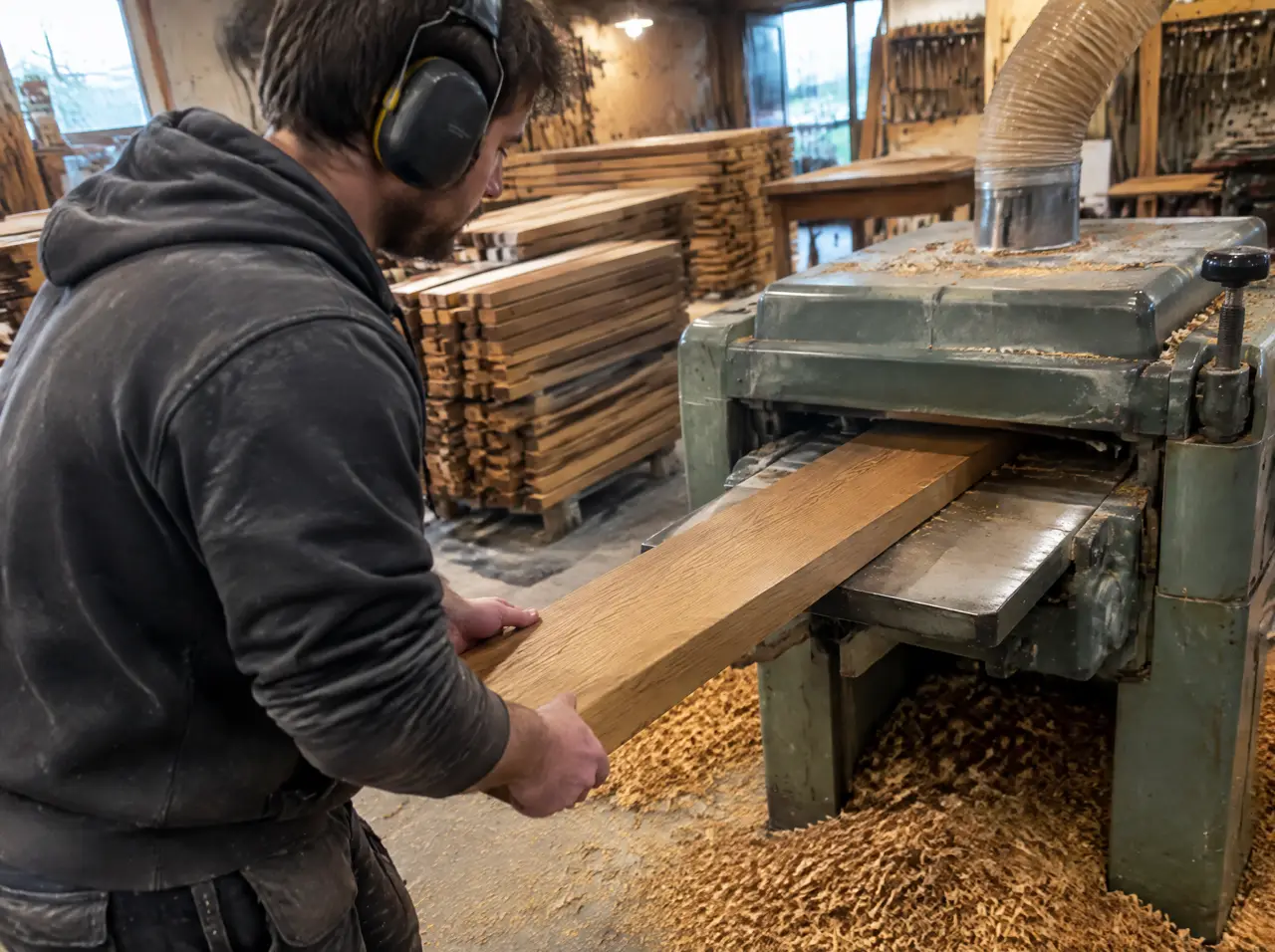 Carpintero con protectores de oído pasando una tabla de madera por la cepilladora