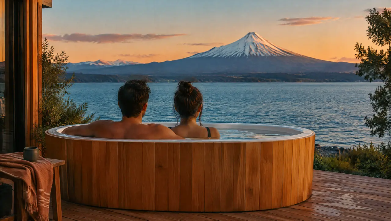 Una pareja de espaldas en una tina de madera con borde blanco, frente a un lago y a un volcán nevado al atardecer