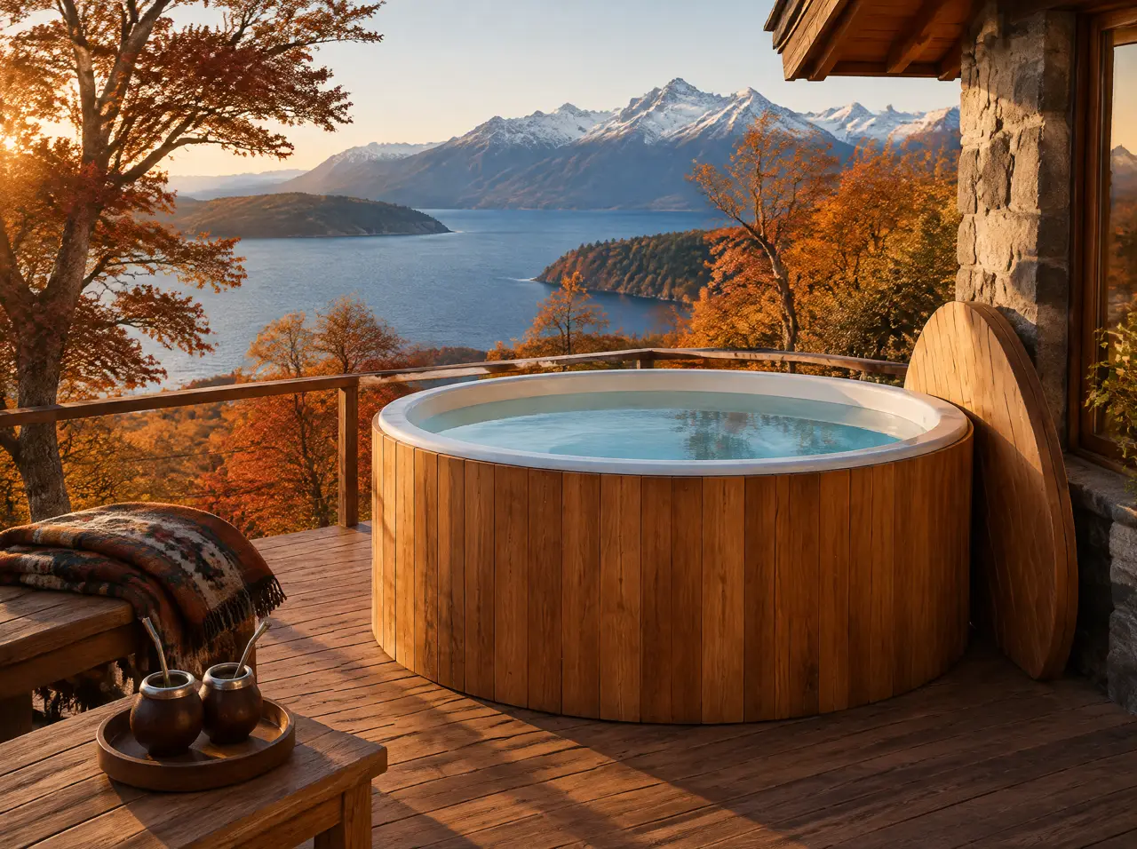 Tina redonda de madera con liner blanco visible sobre el agua y la tapa apoyada al lado, en un deck sobre el lago Nahuel Huapi entre árboles de otoño
