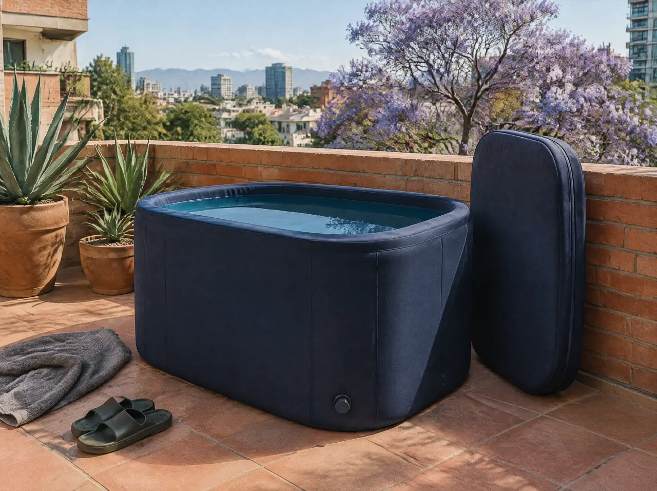 Tina de hielo inflable azul oscuro con su tapa aislada apoyada al lado, en una terraza de azulejo con agaves en maceta y una jacaranda al fondo, en Guadalajara
