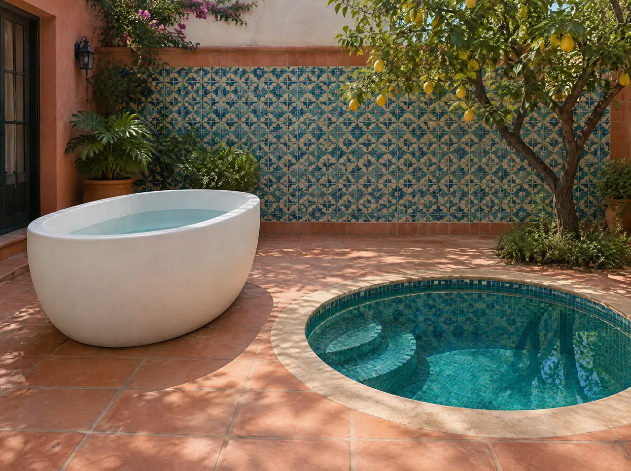 Patio de Coyoacán con una tina de hielo ovalada de casco blanco a la izquierda y una piscina fría redonda de mosaico turquesa a la derecha, junto a un limonero