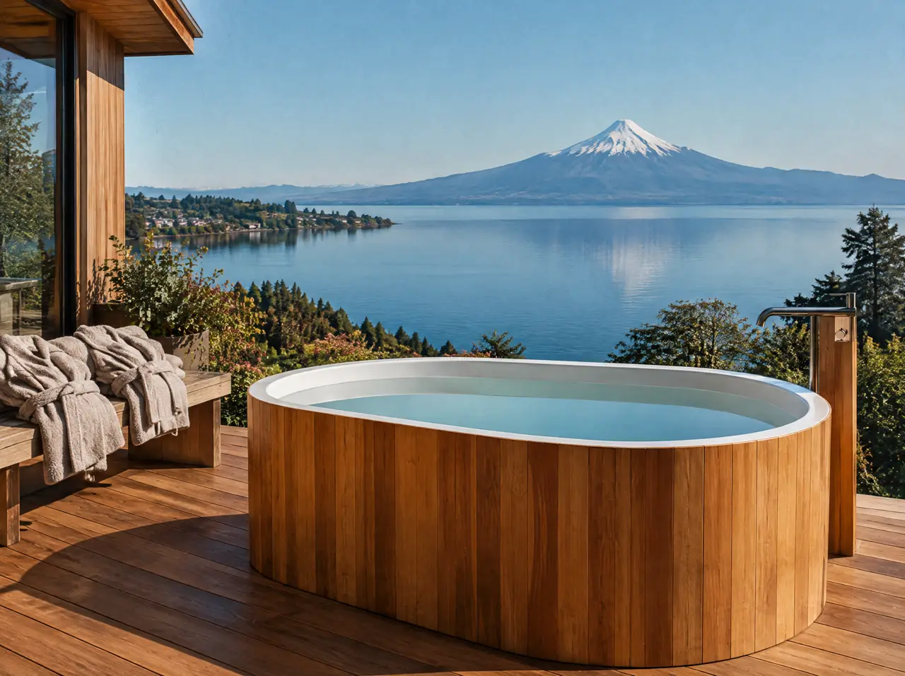 Tina doble de madera con liner blanco sobre un deck en Frutillar, con el lago Llanquihue y el volcán Osorno al fondo y dos batas de lana sobre una banca