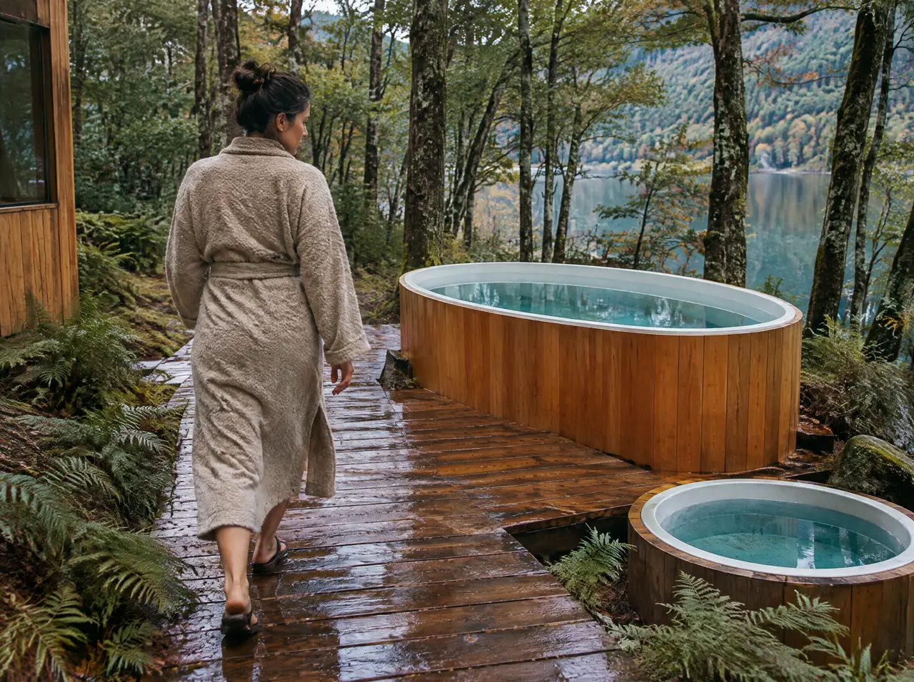 Mujer con bata de lana por un sendero de madera mojada entre lengas y helechos, rumbo a una tina de madera con liner blanco y una piscina fría redonda